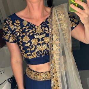 Blue and gold silk lehenga (with dupatta) - Size S/M